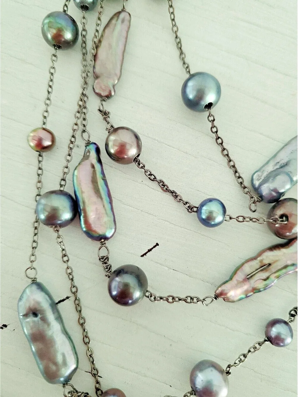 Vintage Gunmetal Multicolor Freshwater Baroque Pearl Multi Strand Necklace
